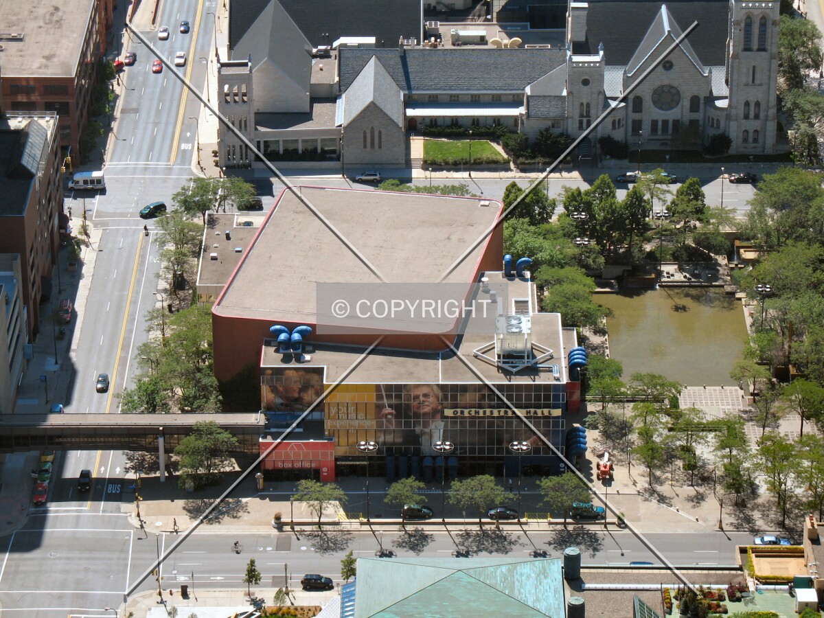 Looking down from the IDS Tower roof, Peavey Plaza on the right