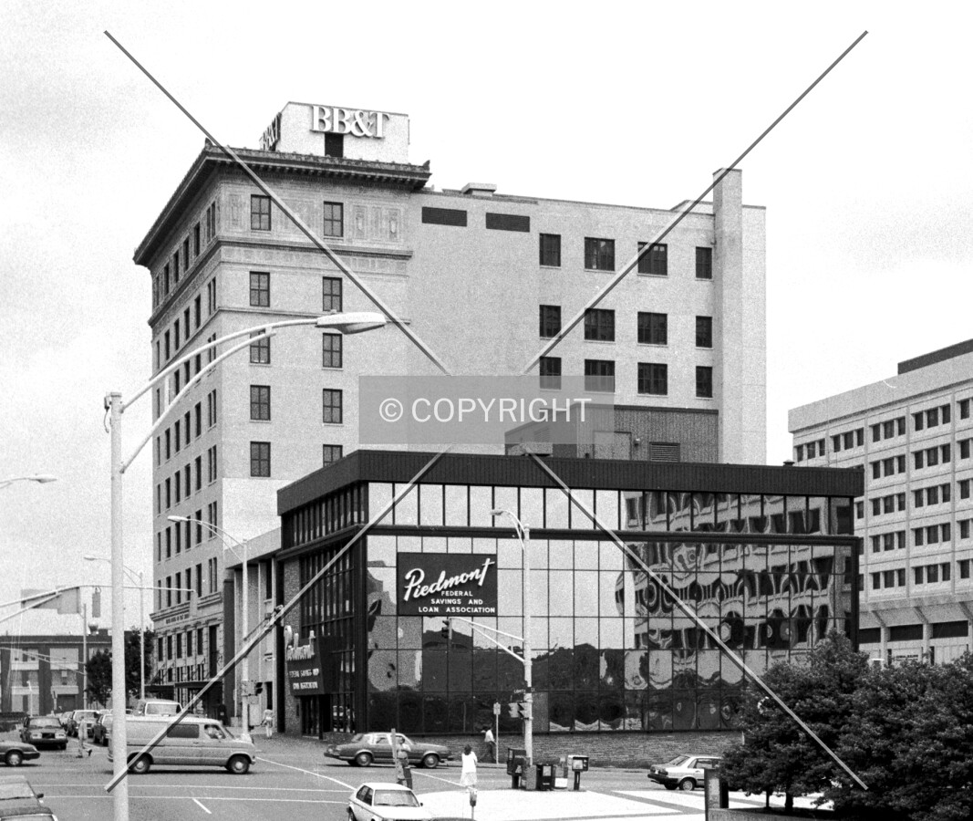 Vintage view from the west across 3rd Street showing the former BB&T sign at the building's top