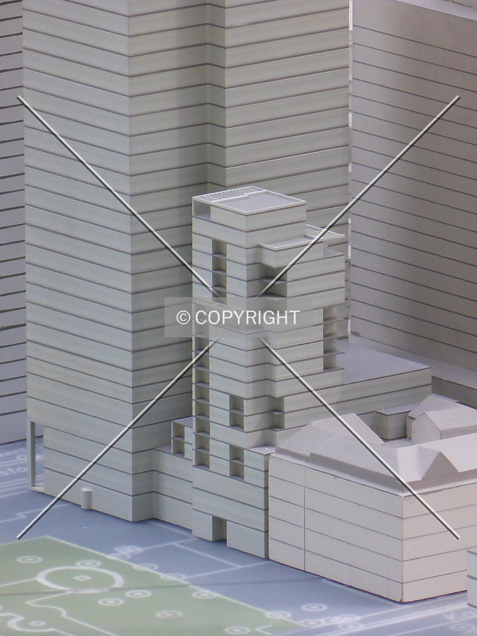 Model of the residential tower; the model can be visited at the planning department's headquarters in Frankfurt
