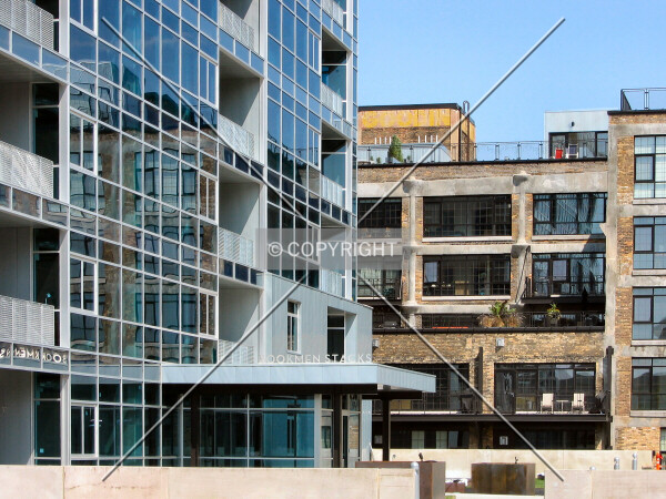 View to the northeast from 4th Street North; Plaza entrance and the Bookmen Lofts