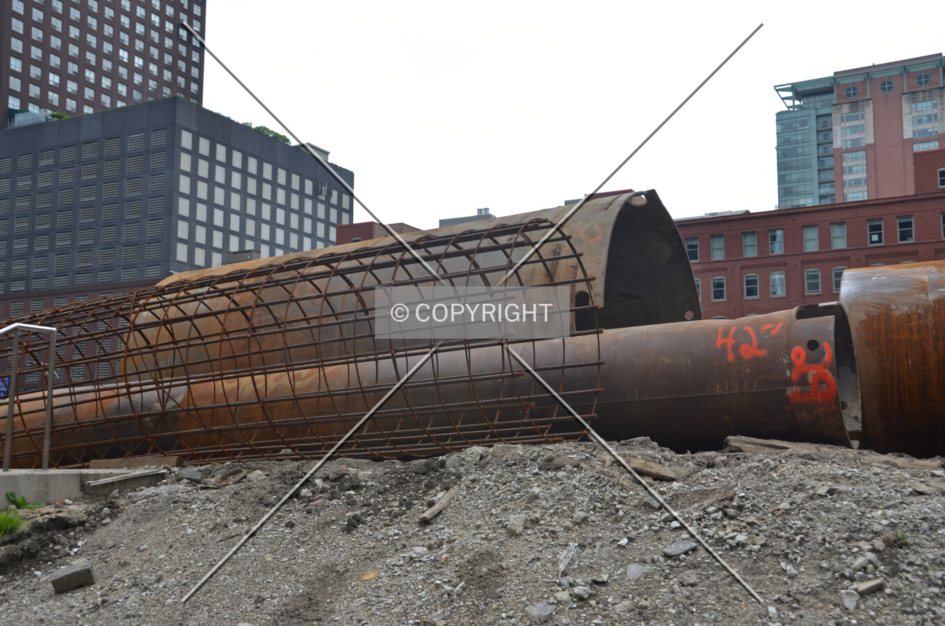 Caisson tops and a rebar cage. May 20, 2016