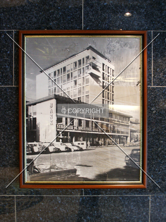 Drawing on the lobby wall showing the building before the upper stories were added