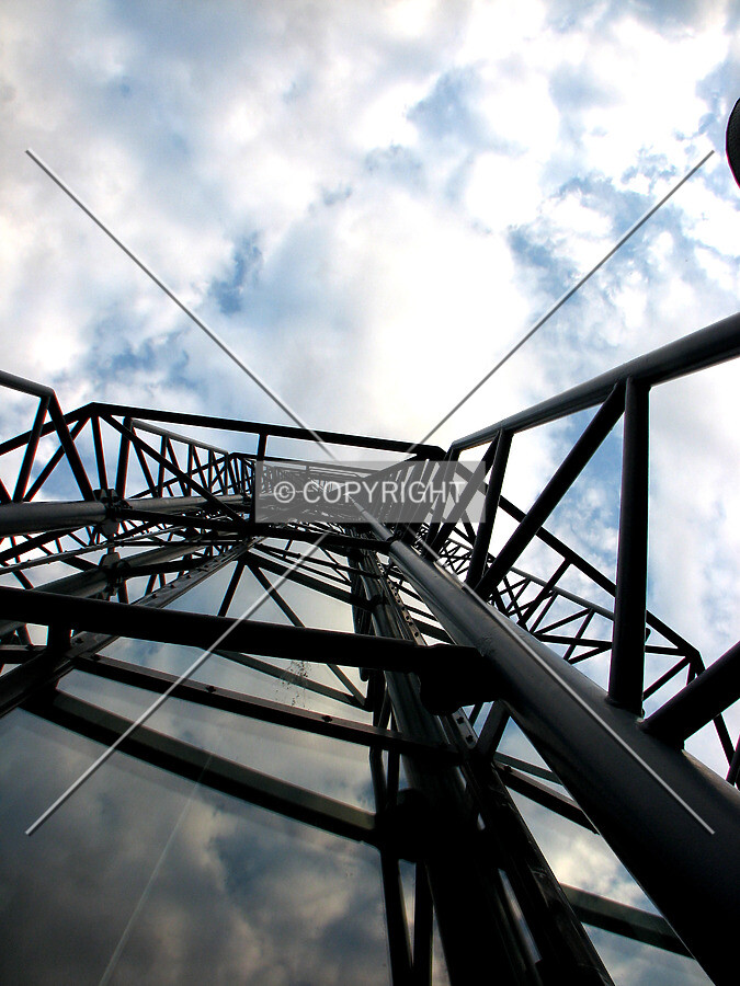 Looking up exterior elevator shaft