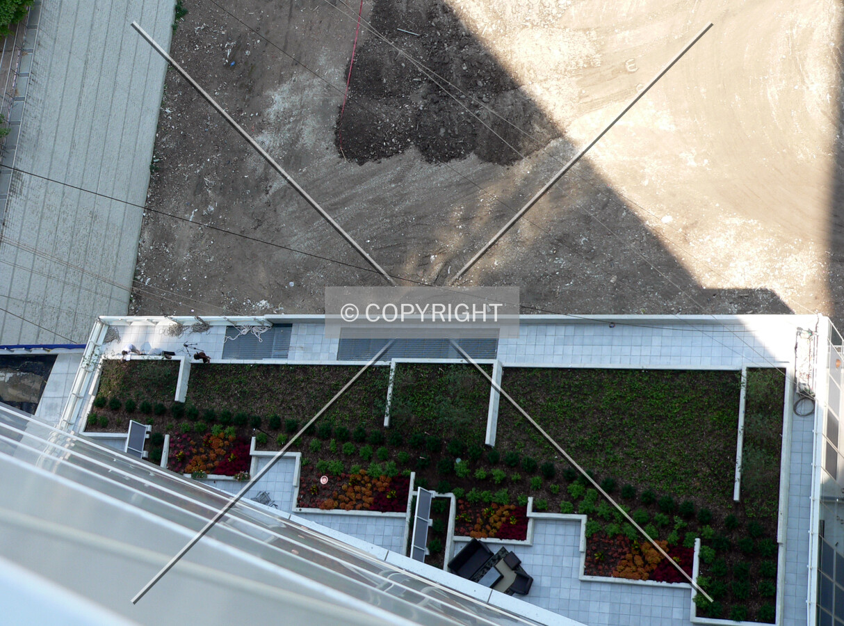 View of a landscaped green roof on a lower portion of the tower