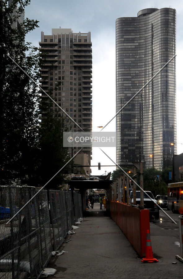 Partially dismantled scaffolding along Grand Avenue