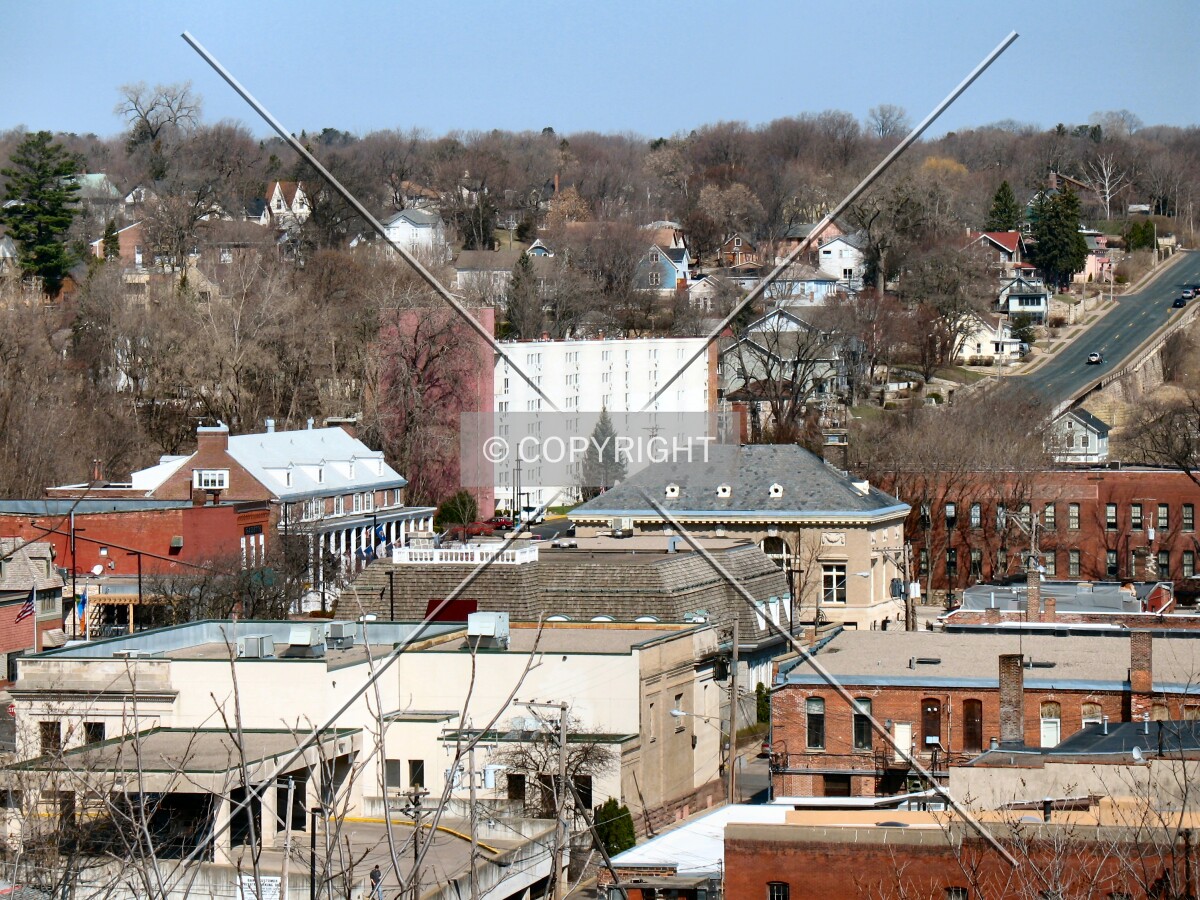 View to the north from the top of the stairs linking Main Street with South Broadway