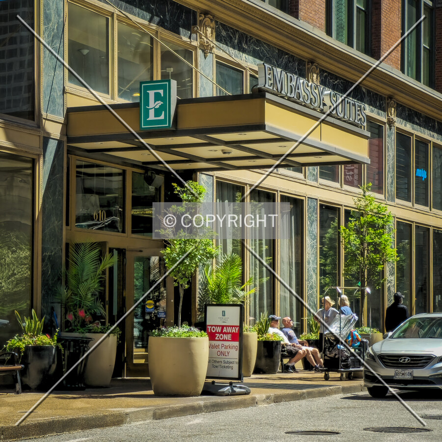 Hotel entrance from the northwest; May 11, 2024