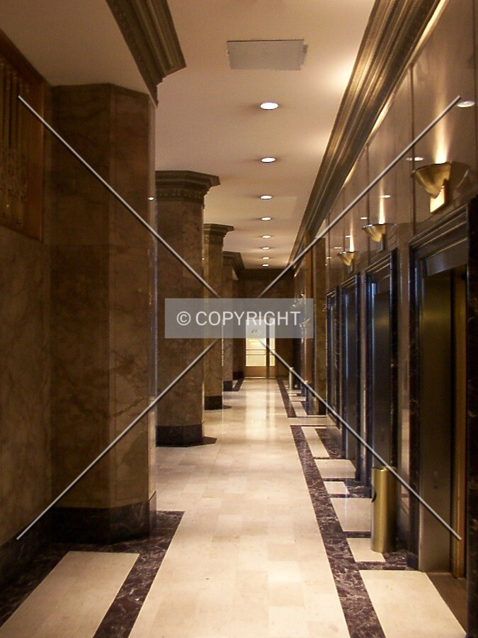Elevator bank in lobby, looking east