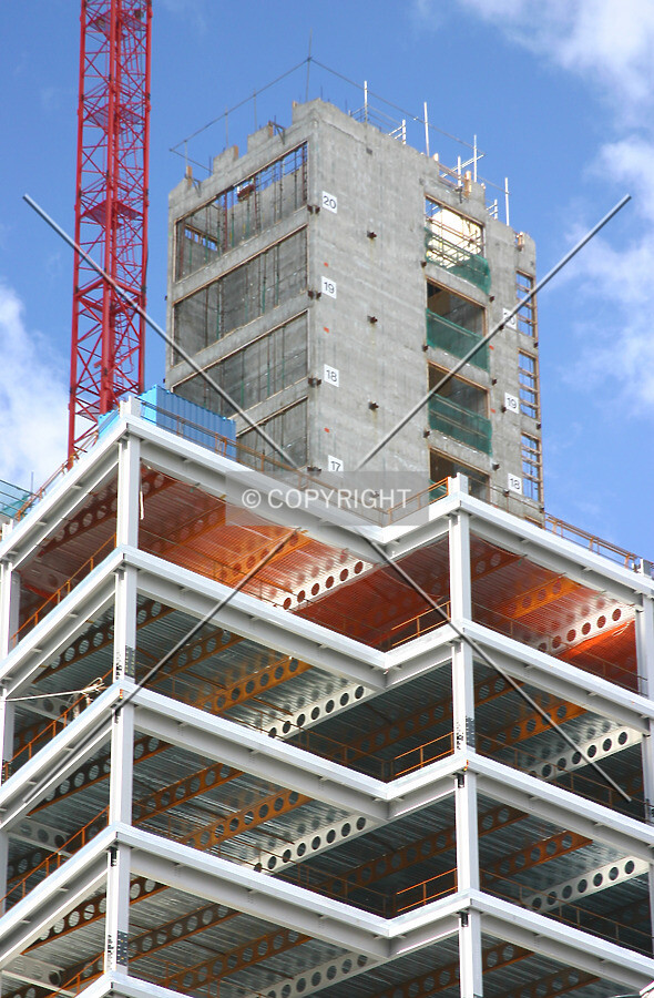 View northwest looking up at the core shrouded in steelwork
