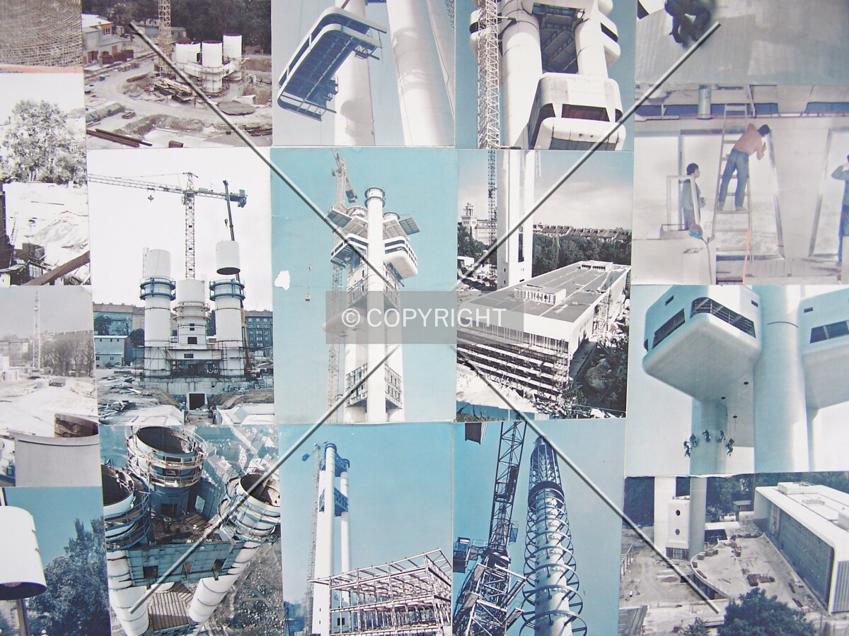 An interior exhibition montage charts the construction history