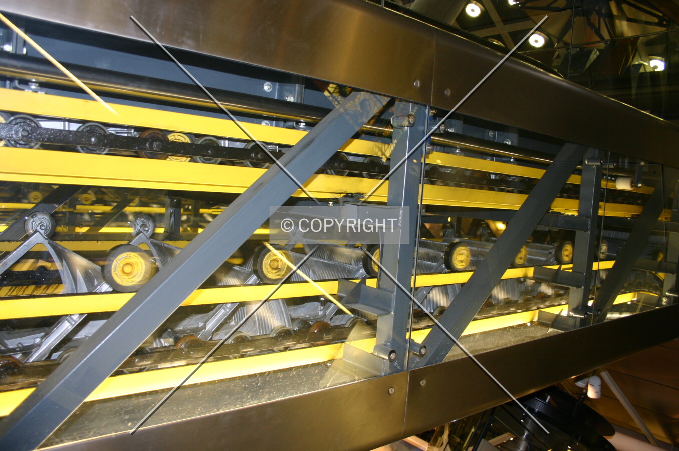 View showing a typical escalator's exposed internal mechanism