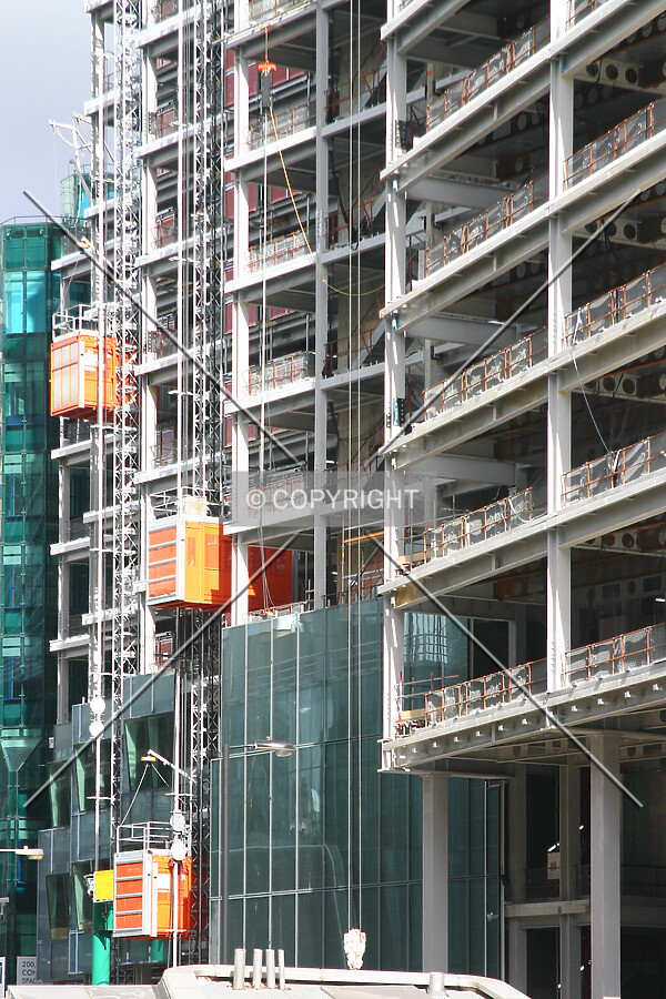 View northwest from Moorfields of the south side showing façade installation progress