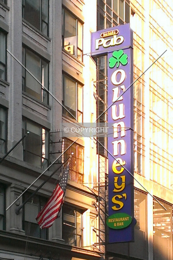 O'Lunney's sign on the south facade; April 26, 2014