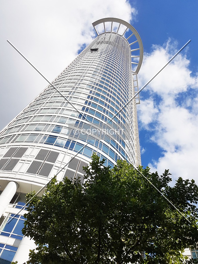 Looking up the Westendstrasse 1 skyscraper