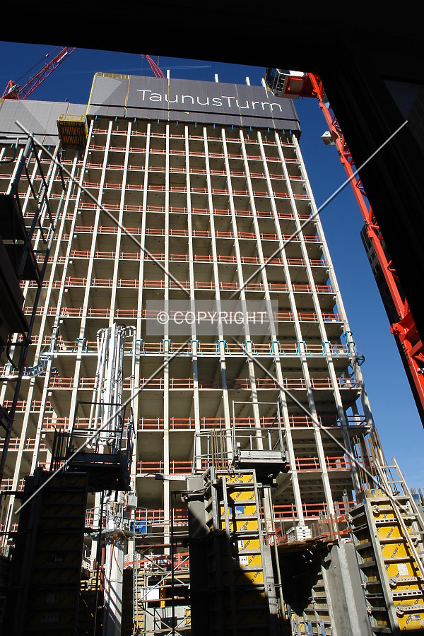 Looking up the TaunusTurm skyscraper during its construction in October 2012