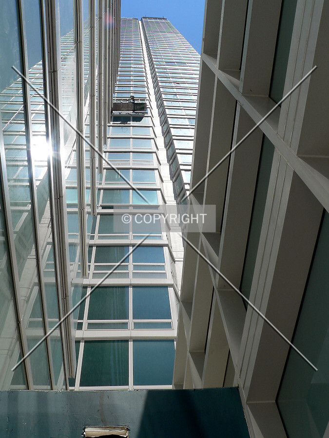 View up an internal corner where the parking structure meets the tower