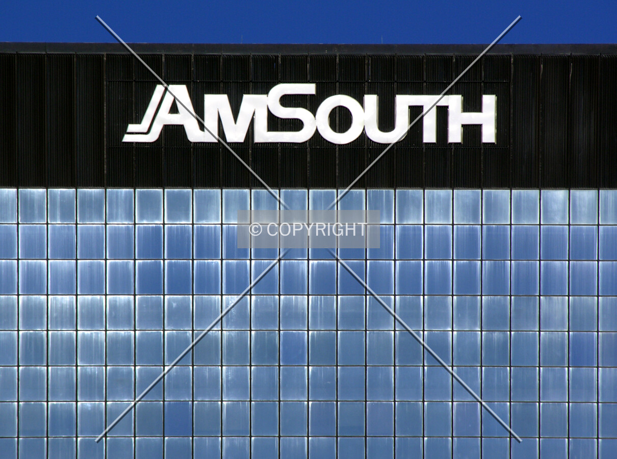 Detail of the former AmSouth signage atop the western side