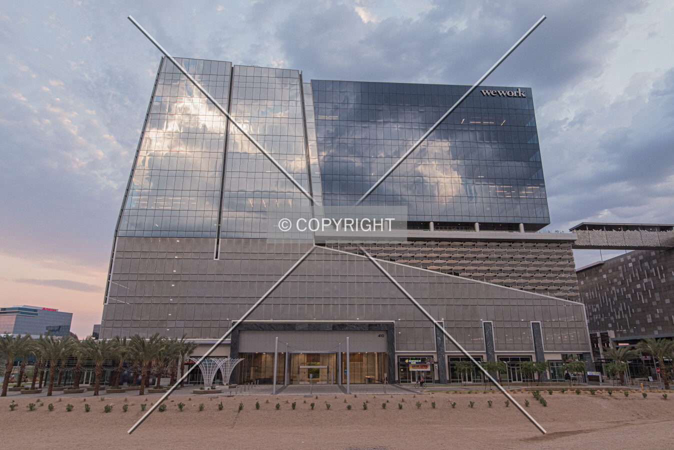 The east face of the Watermark Office Building, as seen before sunset on August 20th, 2020.
