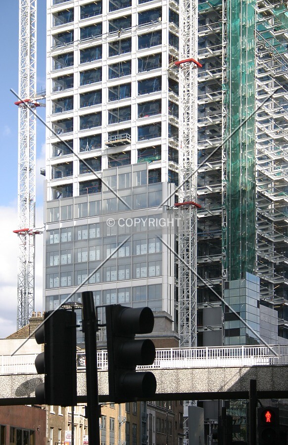 View east of facade installation to the west side from the junction of Wormwood Street, Old Broad Street and London Wall