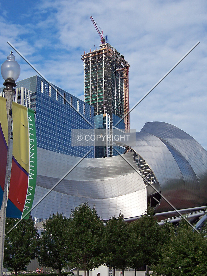 Looking northeast across the Pritzker Pavilion from within Millennium Park
