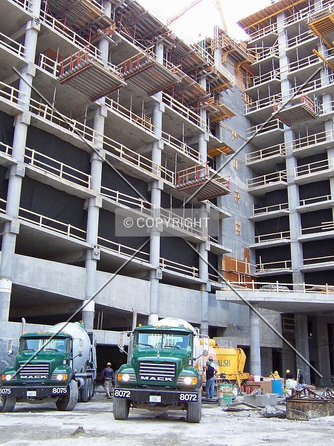 Residential tower and the adjacent parking structure from the southeast