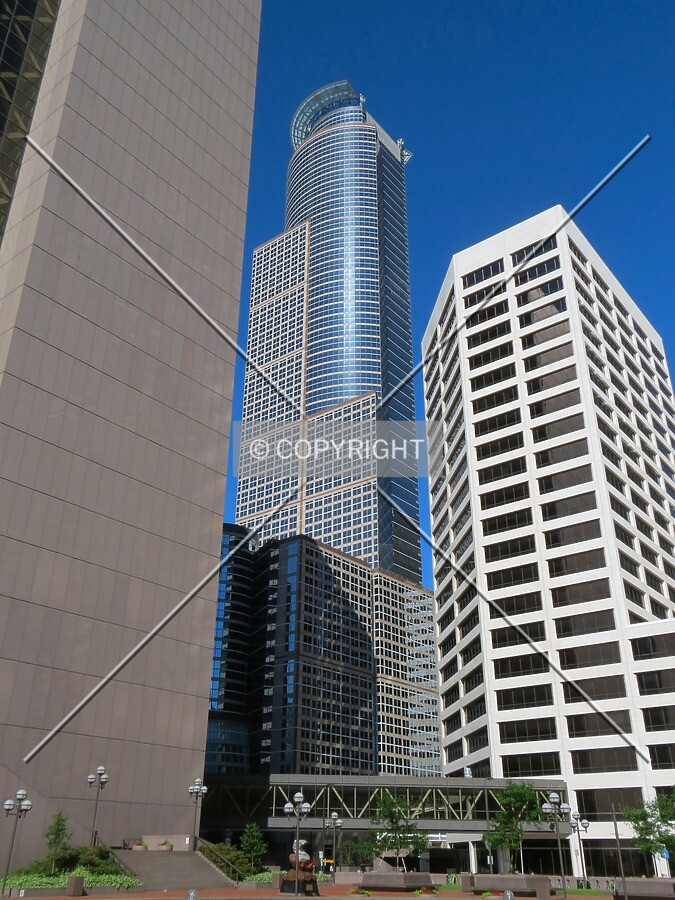 View to the west from Government Plaza, rising between the Hennepin County Government Center and US Bank Plaza