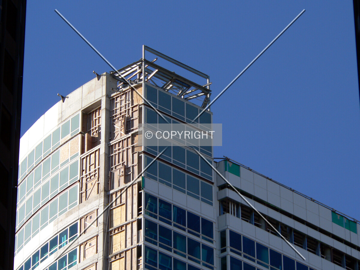 Top of the structure as seen from the corner of McClurg Court and Ontario Street