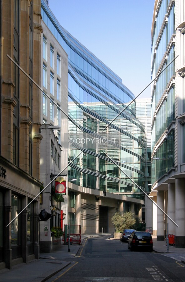 View west of the Russia Row façade from the junction of Trump Street and King Street