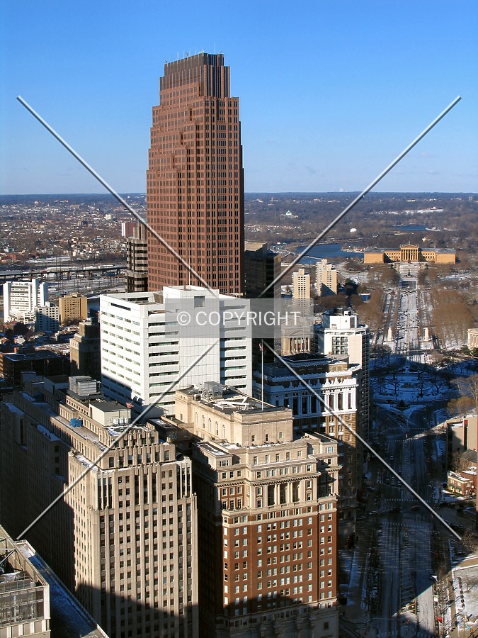 Viewed from the City Hall observation deck to the southeast, standing over the Ben Franklin Parkway