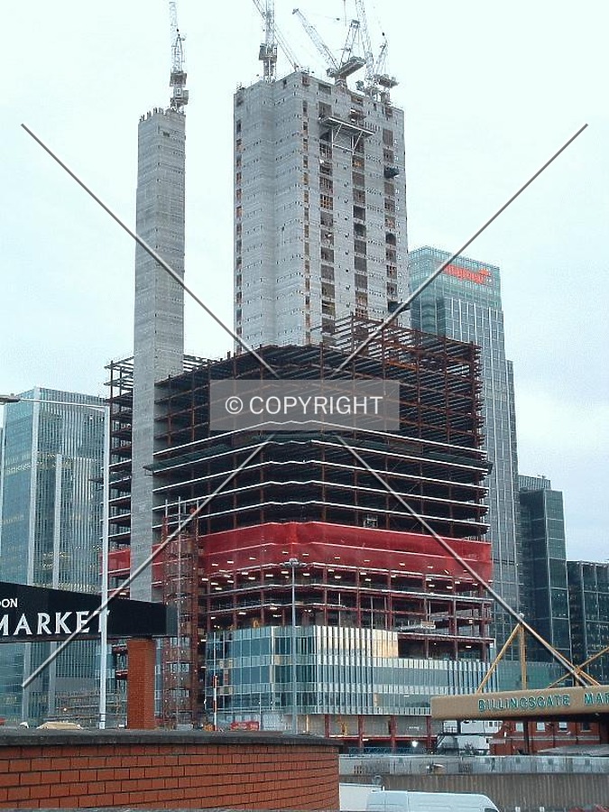 View of continuing construction as seen from the entrance to Billingsgate Fish Market
