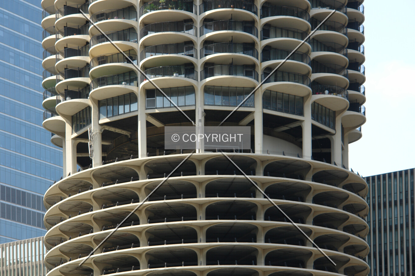 Balconies and parking floors in the lower section