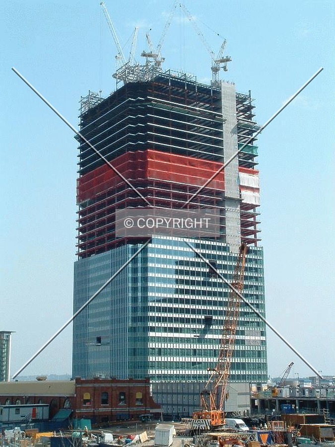 View from the Poplar footbrige over Aspen Way showing the steel work allmost reaching full height