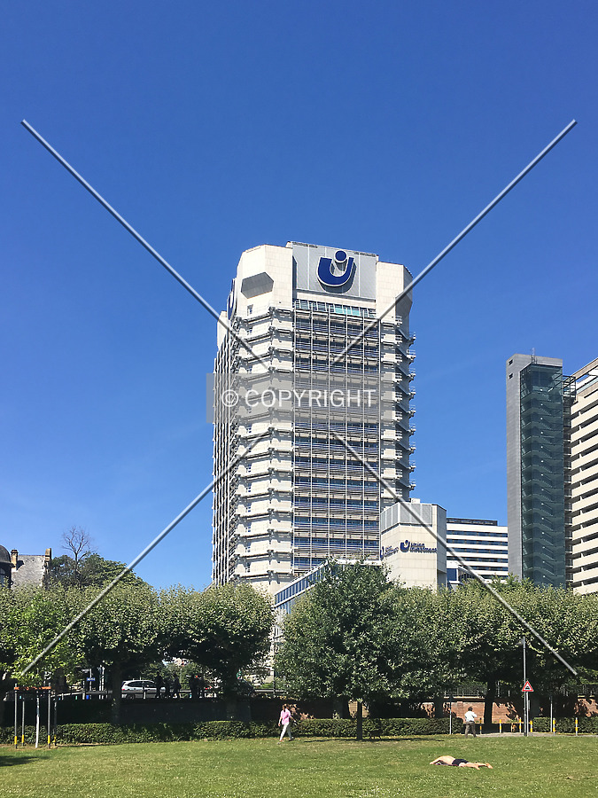 Union Investment tower building as seen from Main river shore