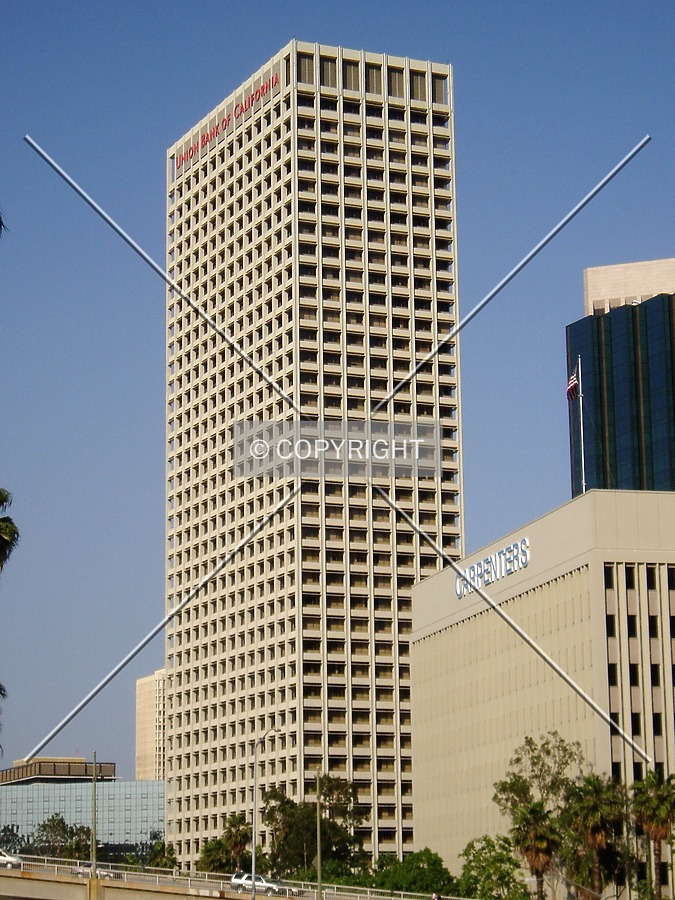 From the southwest on the Wilshire Boulevard overpass above the 110 Freeway