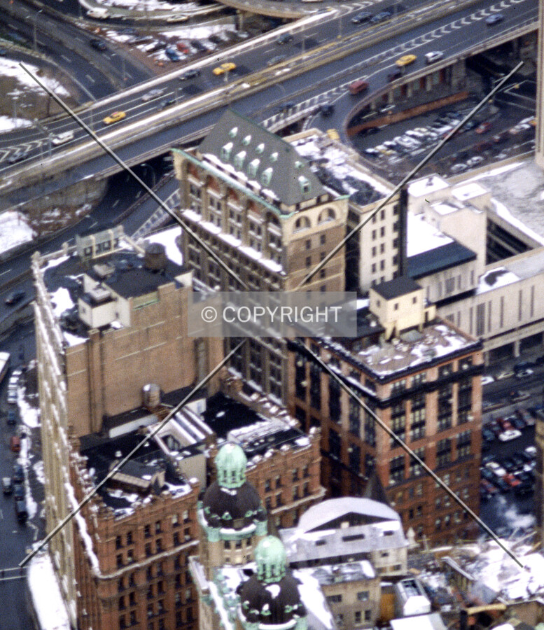 View east from the World Trade Center toward Park Row and Nassau Street