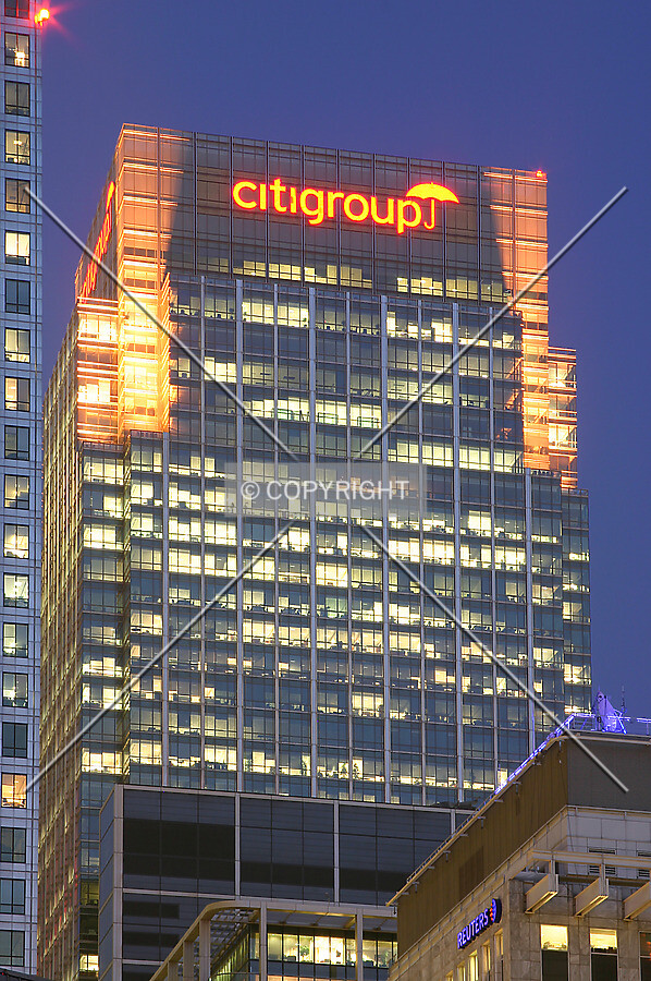 View east from Cabot Square at night
