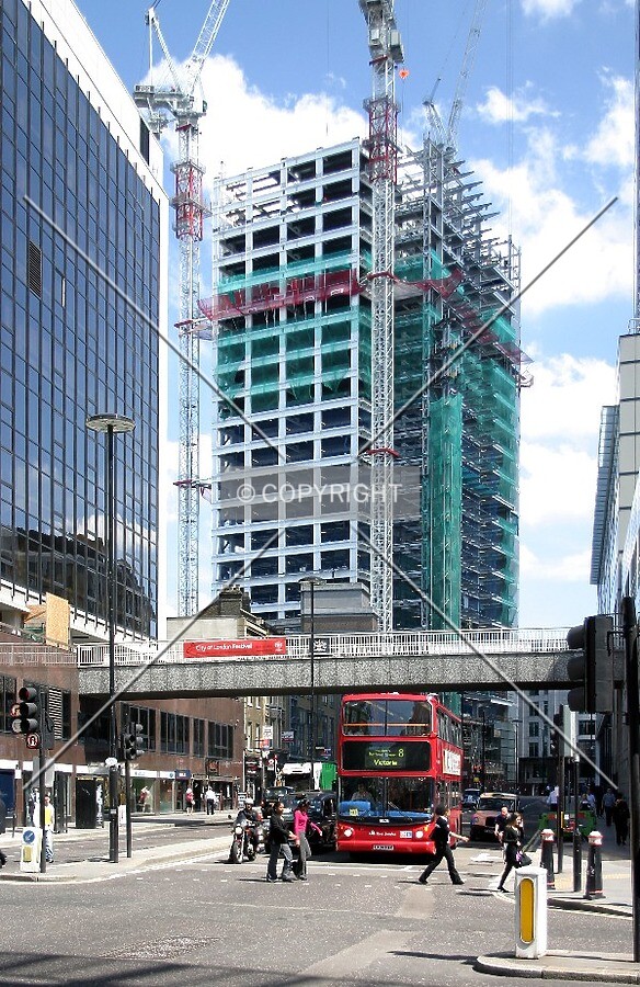 View east from the junction of Old Broad Street, Wormwood Street and London Wall showing the steel frame at around the half way point
