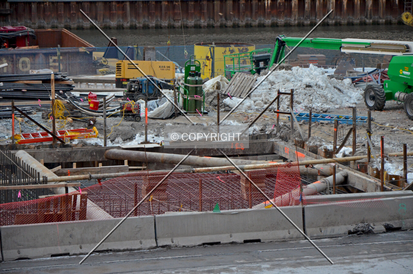 South end of the foundation mat rebar cage, viewed during the foundation mat pour; February 14, 2015.