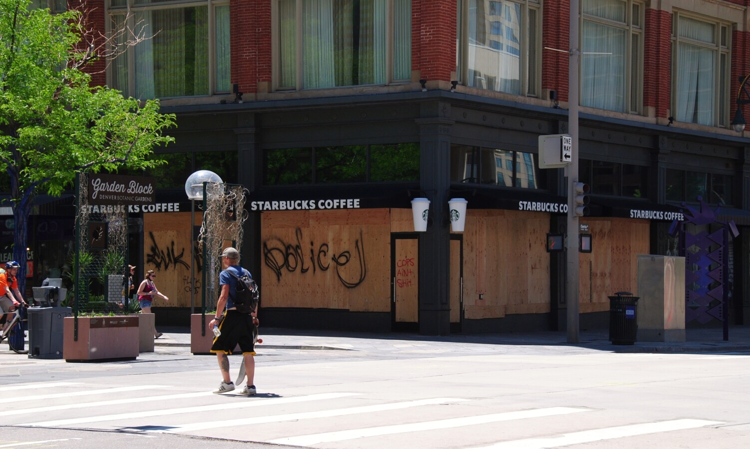 Windows boarded up after a protest got out of control