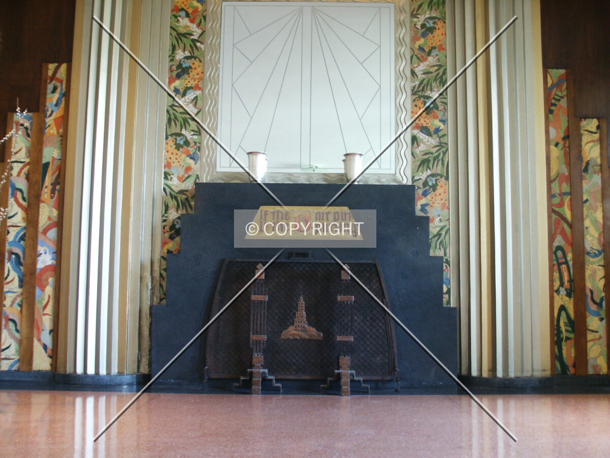 Fireplace and mirror at the north end of the lobby