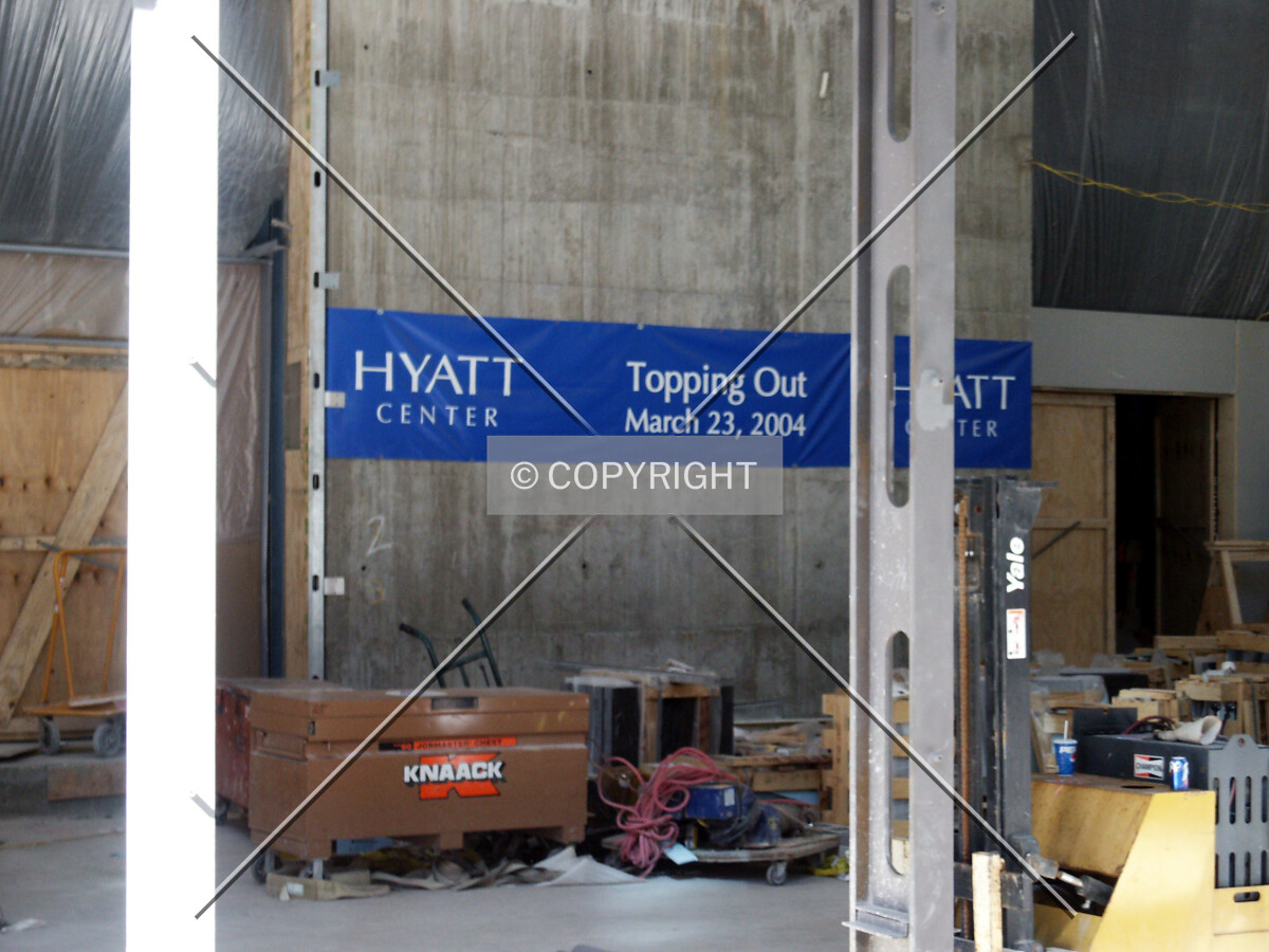 Lobby with topping-out sign