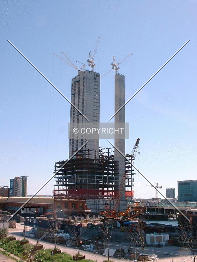 View of construction as seen from a walkway above Aspen Way