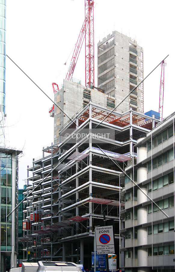 View northwest from Moorfields of the steel frame rising around the core