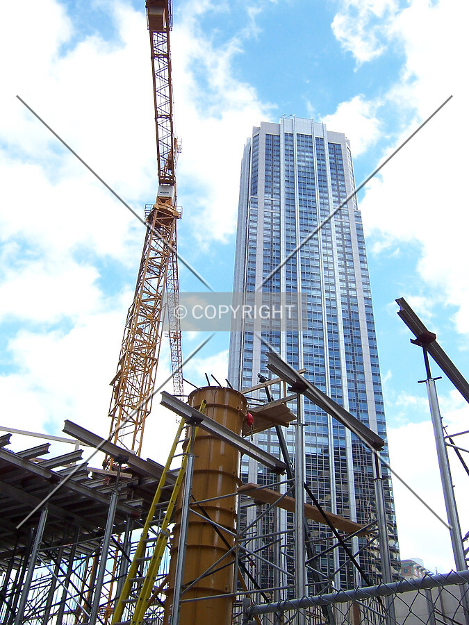 Scaffolding to hold up the concrete forms of the second floor slab along Ohio Street