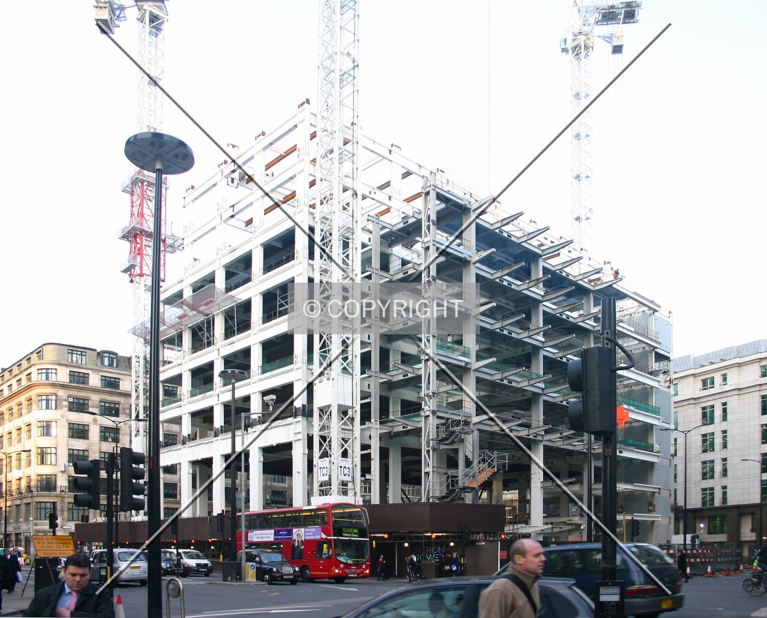 View northeast from Wormwood Street of progress to the steel frame