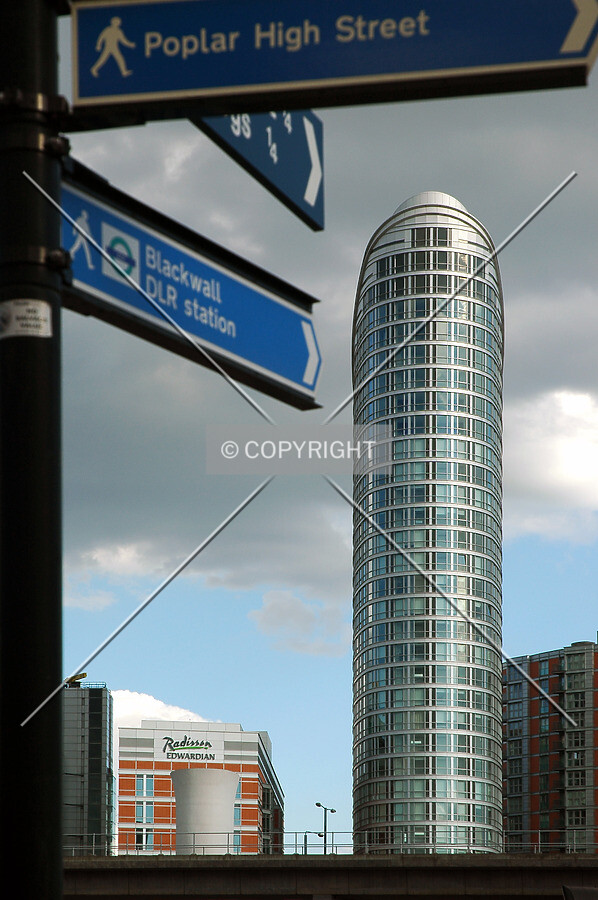 Rising above the DLR track from the north