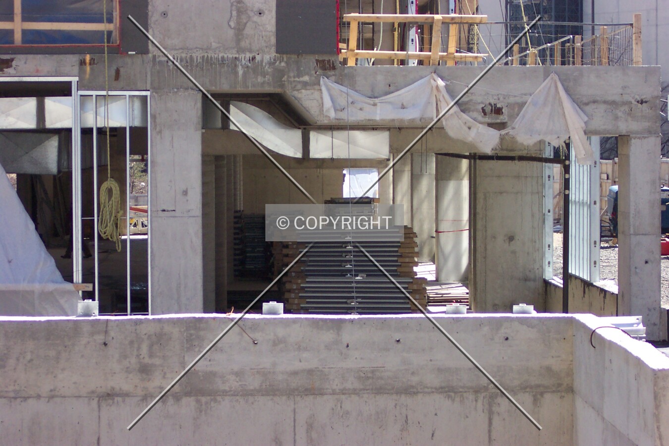 Pre-assembled wall sections awaiting installation
