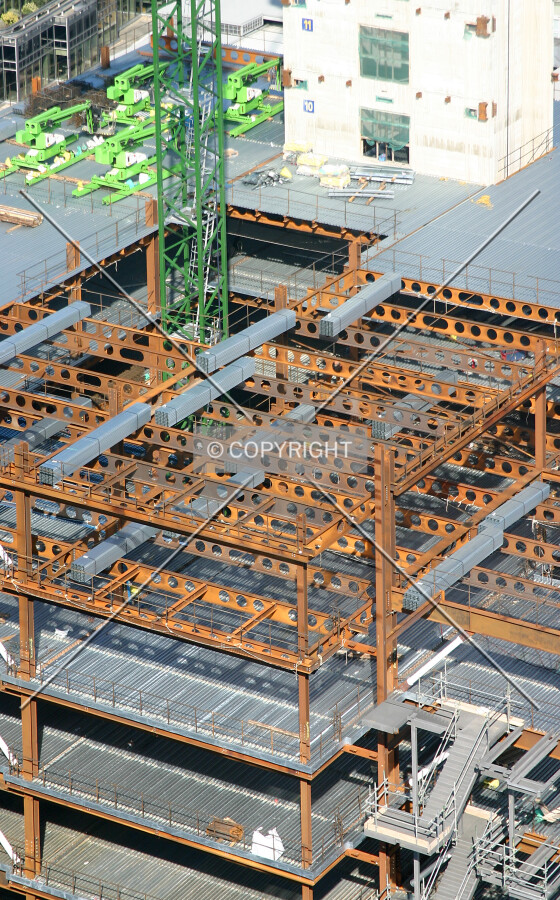View northwest looking down at the steel frame and decking from the 25th floor of 125 Old Broad Street