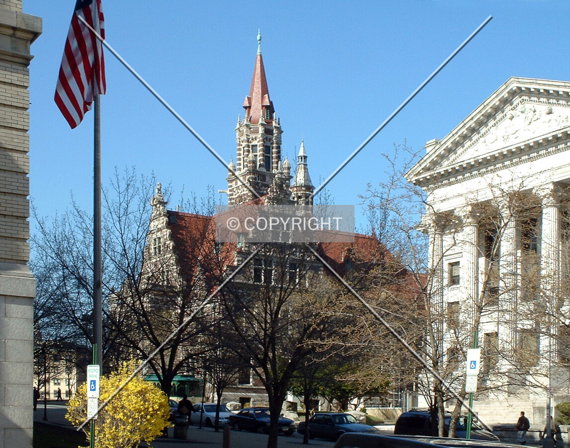 View from the southwest along Hamilton Street with Courthouse portico