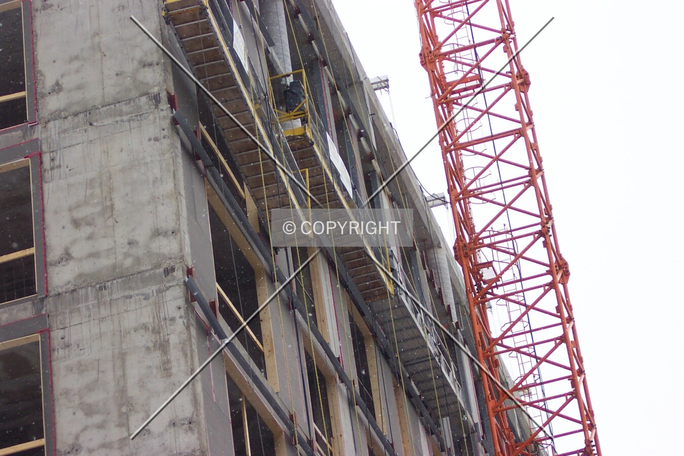 Exterior scaffolding on the north side